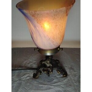 Table Lamp Cherub Angel Drummer Night Light MCM Blue Green Glass Bronze RARE 8x5